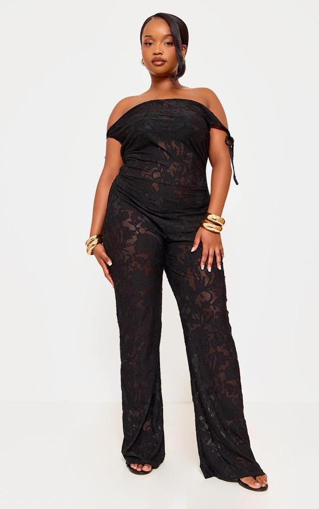 Plus Black Devore Shoulder Tie Jumpsuit Product Image