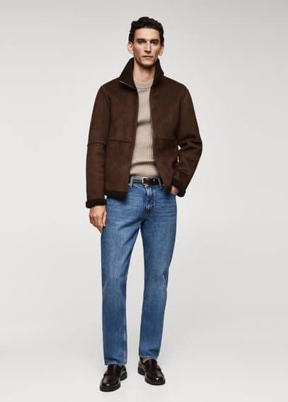 Mango Mens Shearling-Lined Leather-Effect Jacket Product Image