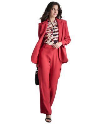 Dkny Womens Ruched Sleeve One Button Blazer Printed Balloon Sleeve Twist Neck Top Solid Straight Leg Side Pocket Mid Rise Pants Product Image