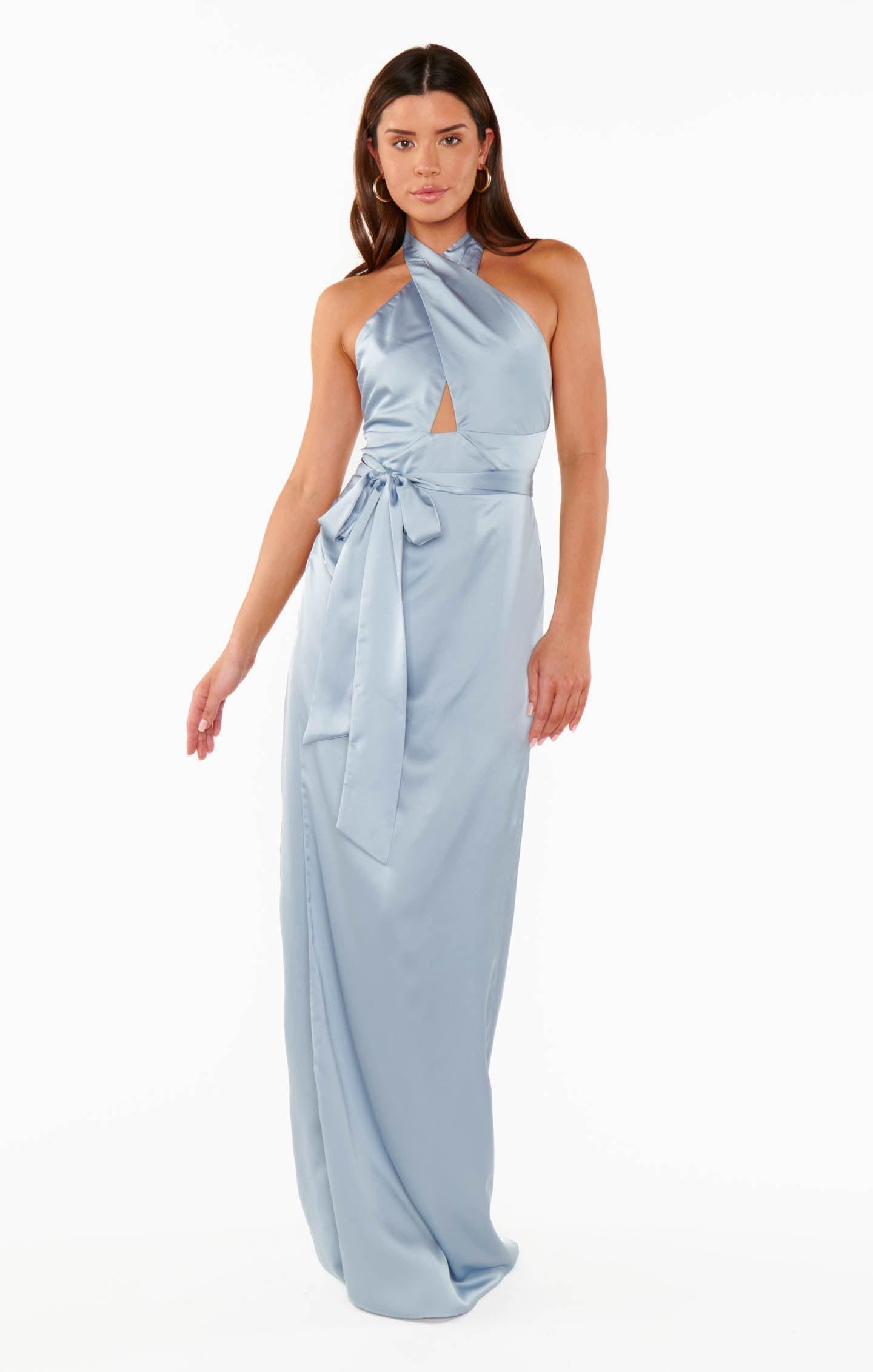 Adele Halter Maxi Dress ~ Steel Blue Luxe Satin Product Image