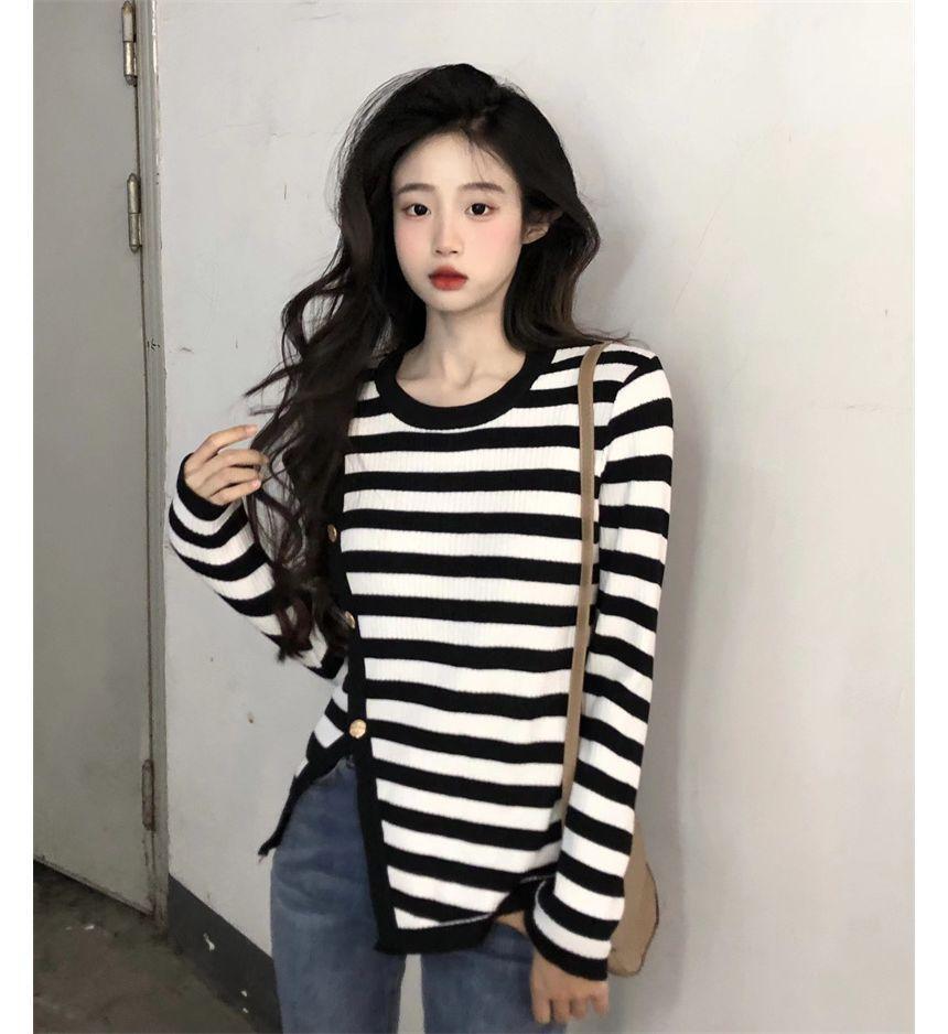 Long-Sleeve Irregular Button-Up Striped Knit Top Product Image