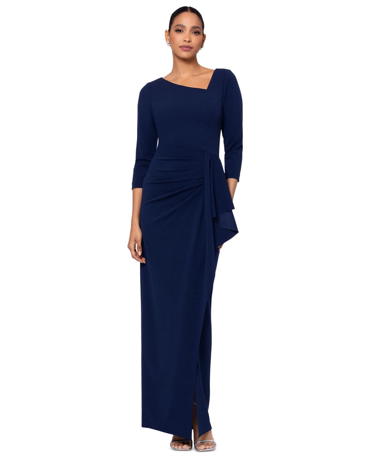 Xscape Womens Asymmetric-Neck 3/4-Sleeve Long Dress Product Image