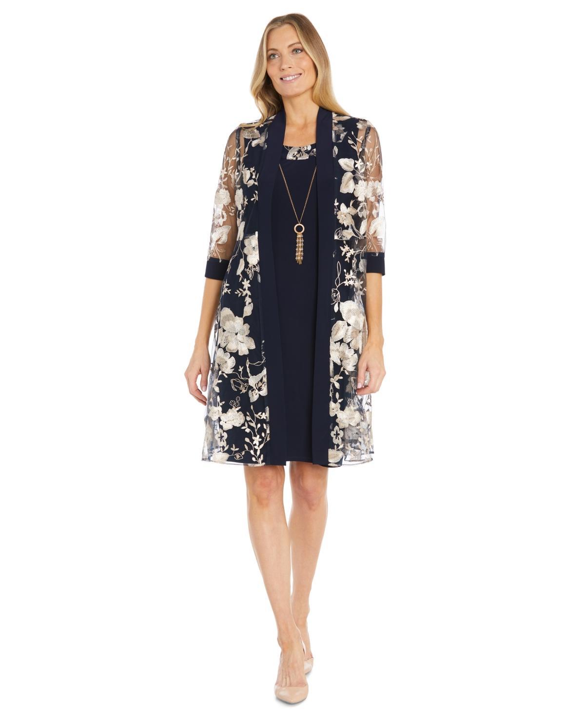 R & M Richards Womens 2-Pc. Embroidered Jacket & Necklace Dress Set - Navy Product Image