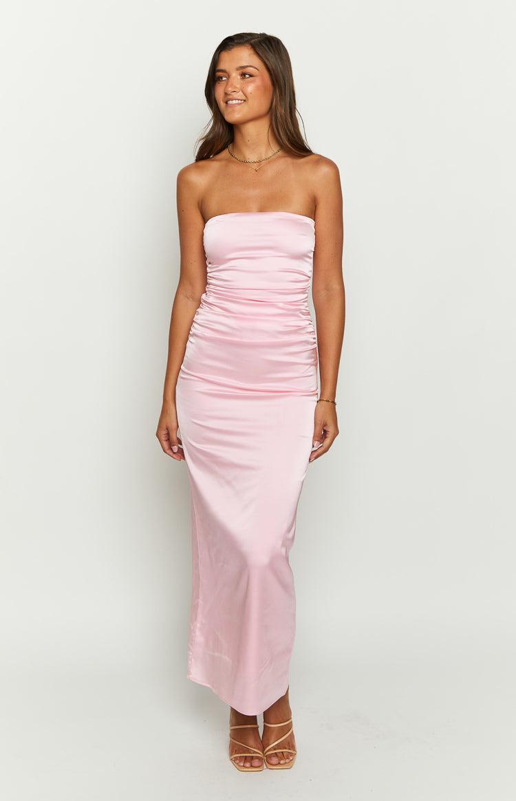 Pink Bloom Satin Strapless Maxi Dress Product Image