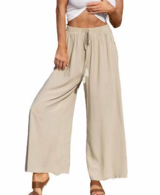 Womens Tassel Lace-Up Side Button Pants - Beige Product Image