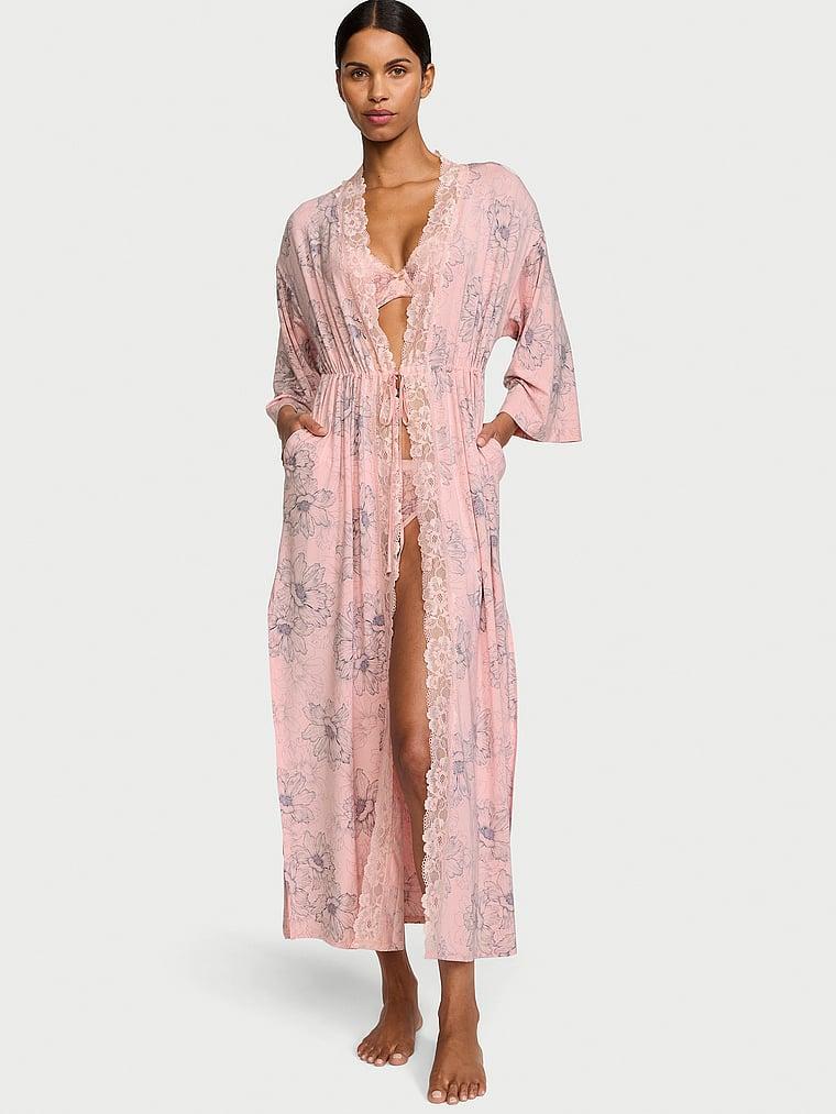 Modal & Lace Trim High-Slit Maxi Robe Product Image