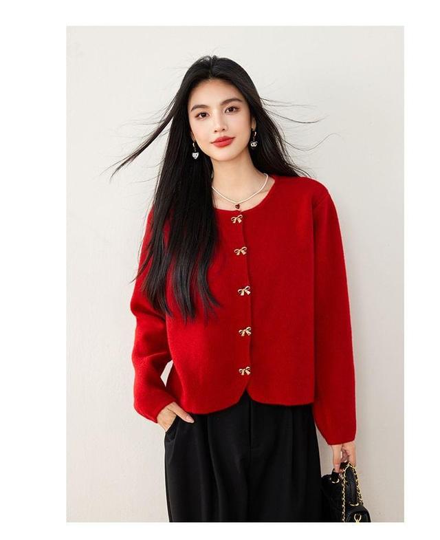 Round Neck Plain Bow Button Cardigan Product Image