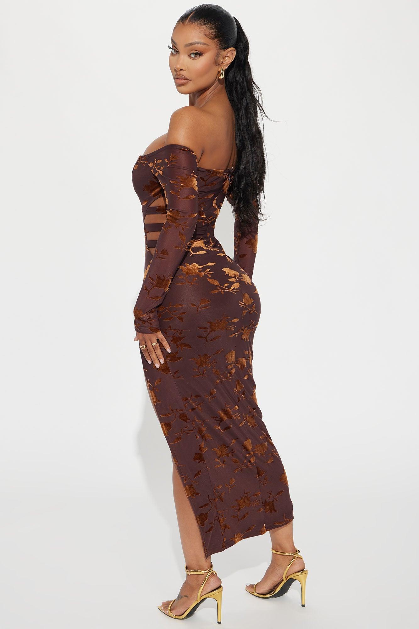 Freya Velvet Mesh Midi Dress - Chocolate Product Image