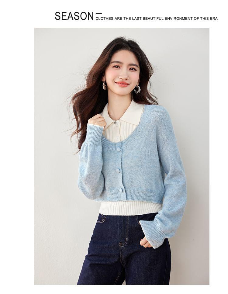 V-Neck Mock Two Piece Button Up Crop Cardigan Product Image