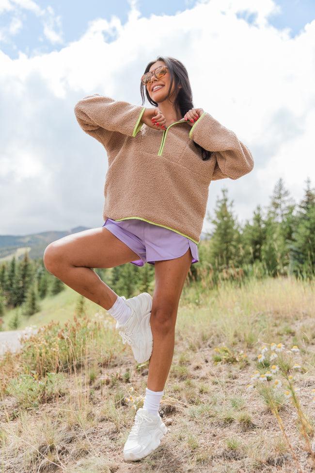 My Go To Taupe and Lime Sherpa Quarter Zip Hooded Pullover FINAL SALE Product Image