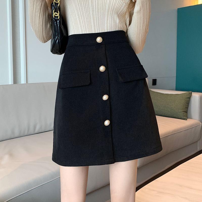 High-Waist Plain Corduroy A-Line Skirt Product Image