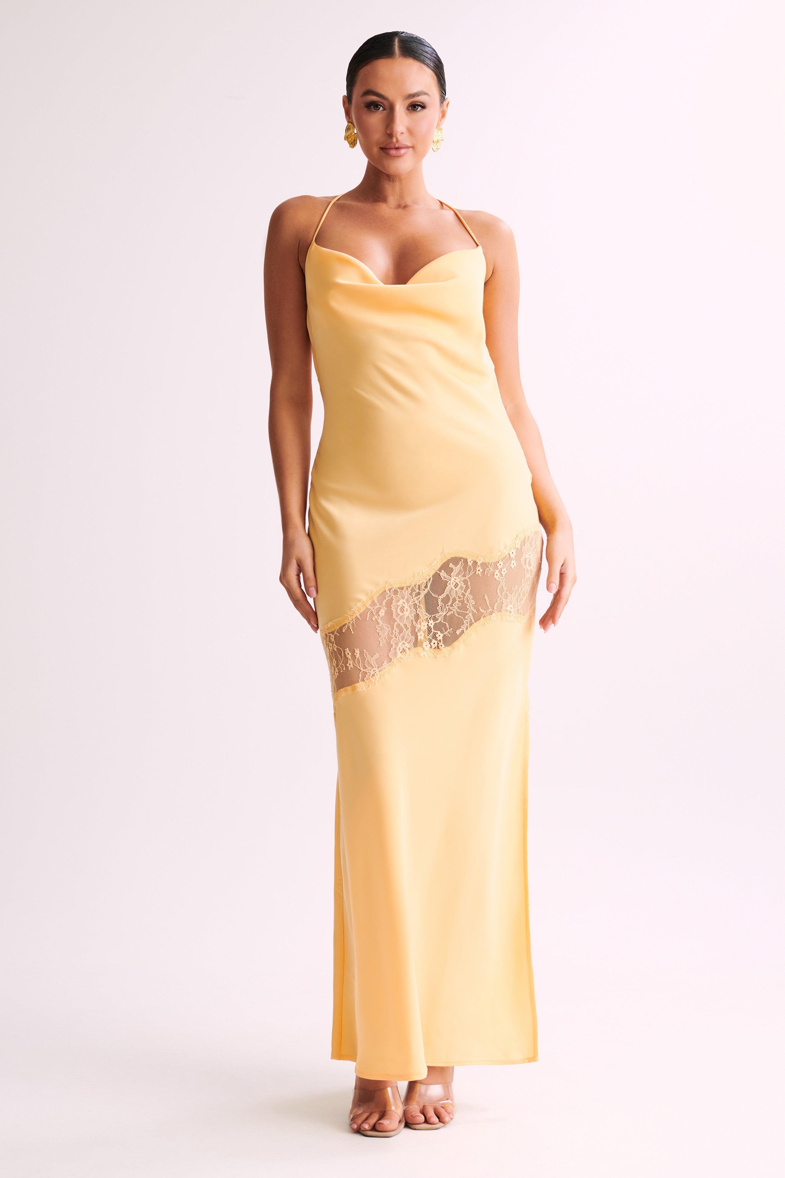 Chandra Lace Detail Satin Maxi Dress - Lemon Product Image