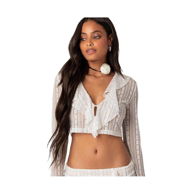 EDIKTED Anastasia Sheer Lace Ruffle Crop Top Product Image