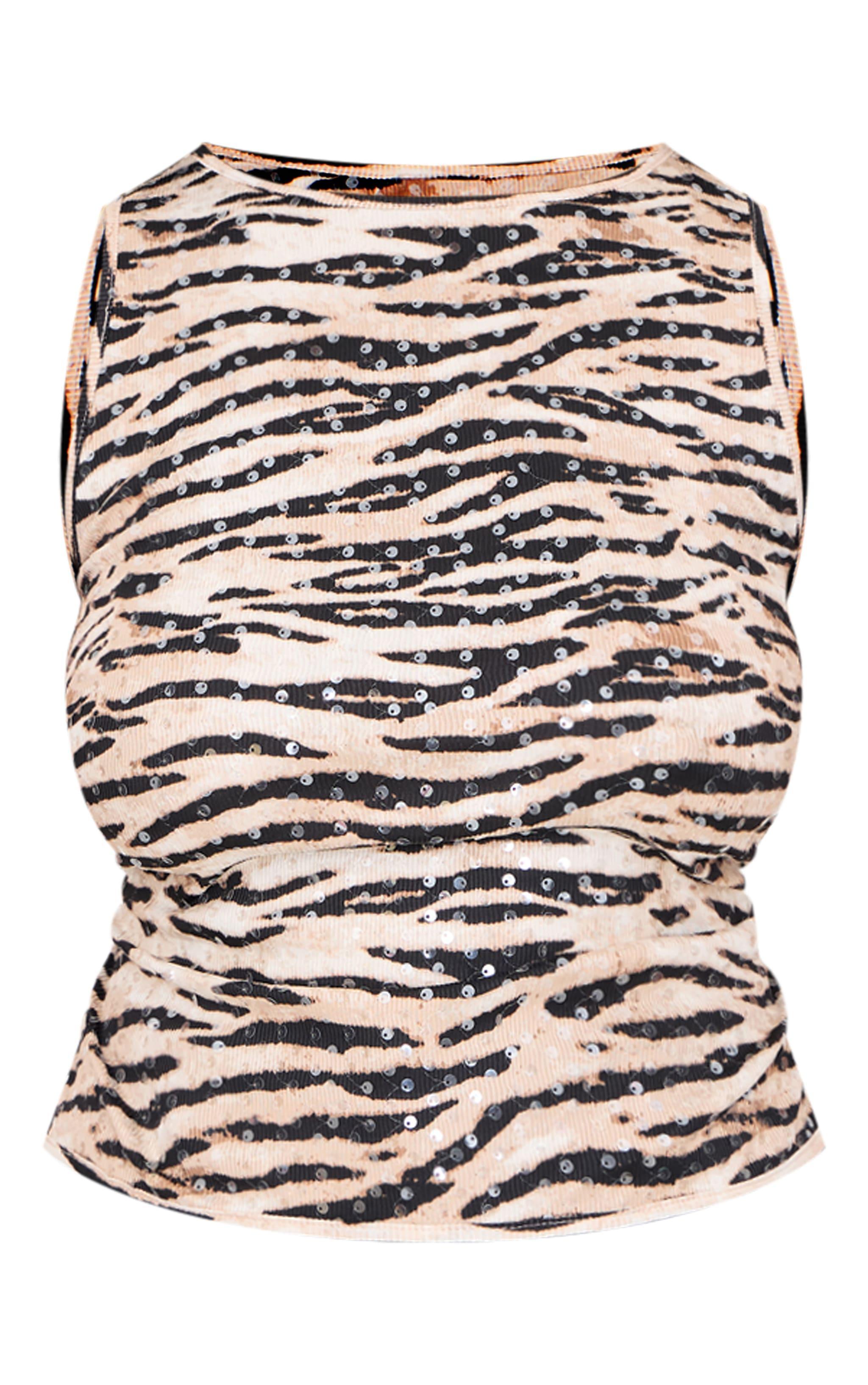 Plus Black Sheer Sequin Zebra Printed Cut Out Long Vest Top Product Image