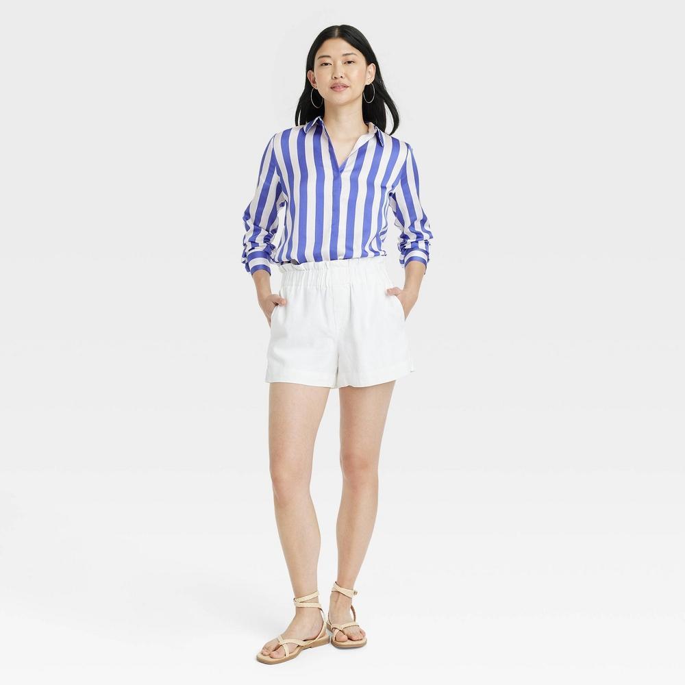 Womens Slim Fit Long Sleeve Satin Button-Down Shirt - A New Day Blue/White Striped XL Product Image