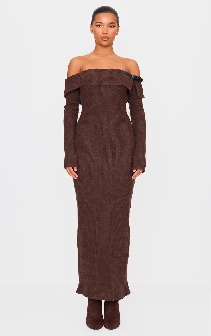 Chocolate Textured Bardot Belt Detail Maxi Dress Product Image