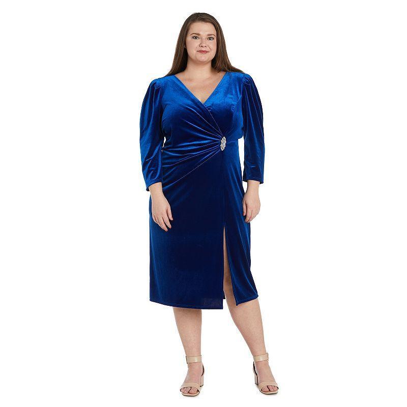 Plus Size R&M Richards Surplice Neck with Brooch Side Wrap Midi Dress, Womens Product Image