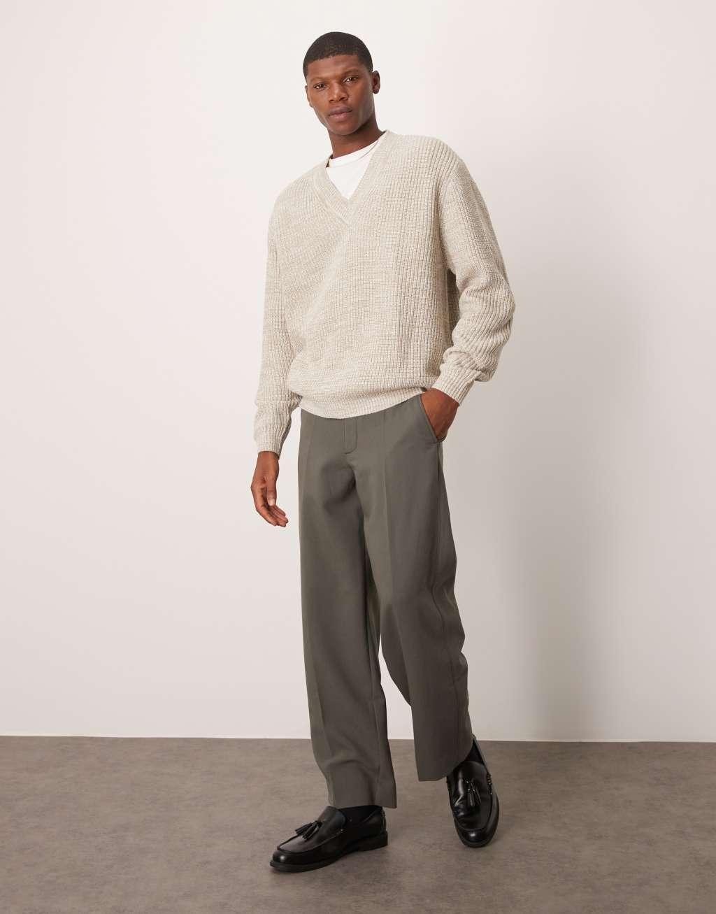 ASOS DESIGN knitted oversized fisherman rib v-neck sweater in oatmeal twist Product Image