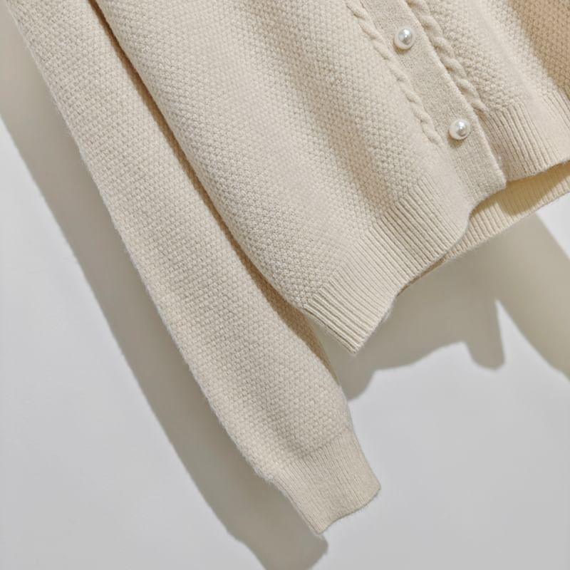 Round Neck Plain Faux Pearl Cardigan Product Image