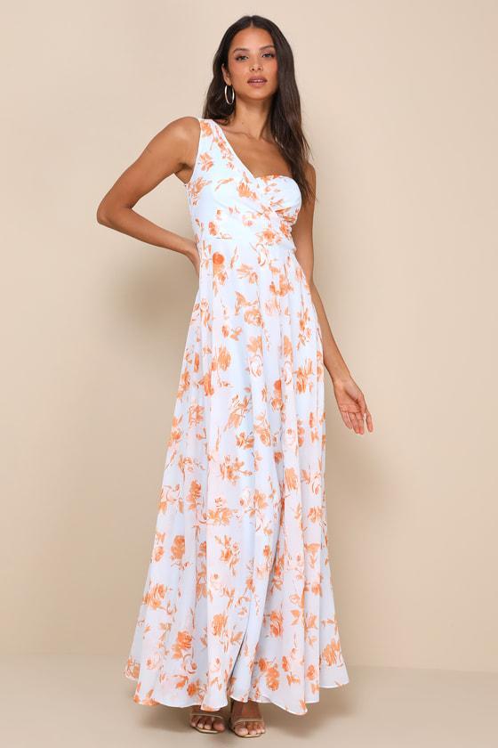 Fashionably Refined Light Blue Floral One-Shoulder Maxi Dress Product Image