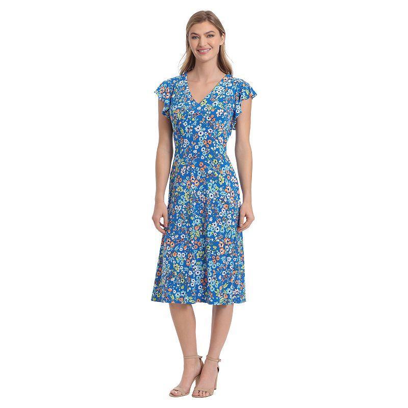 Womens London Times V-Neck Ruffle Sleeve Midi Dress Blue Product Image