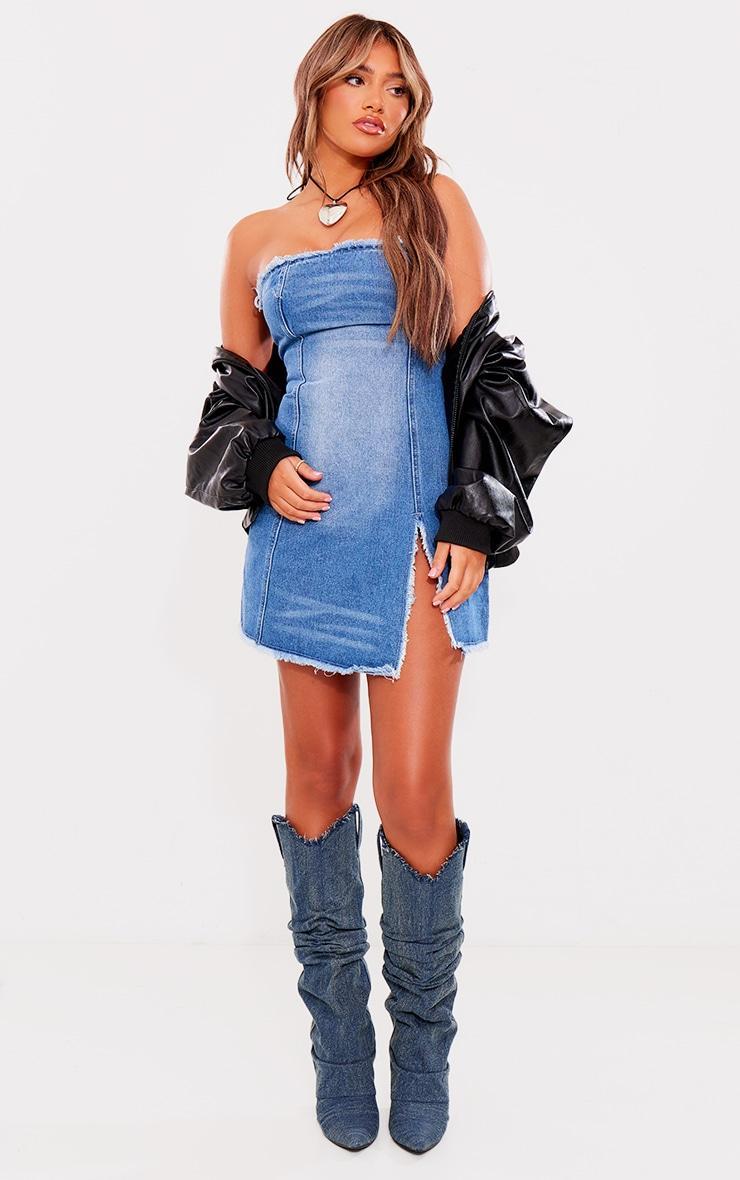 Mid Blue Wash Raw Edge Split Detail Denim Bandeau Mini Dress Product Image