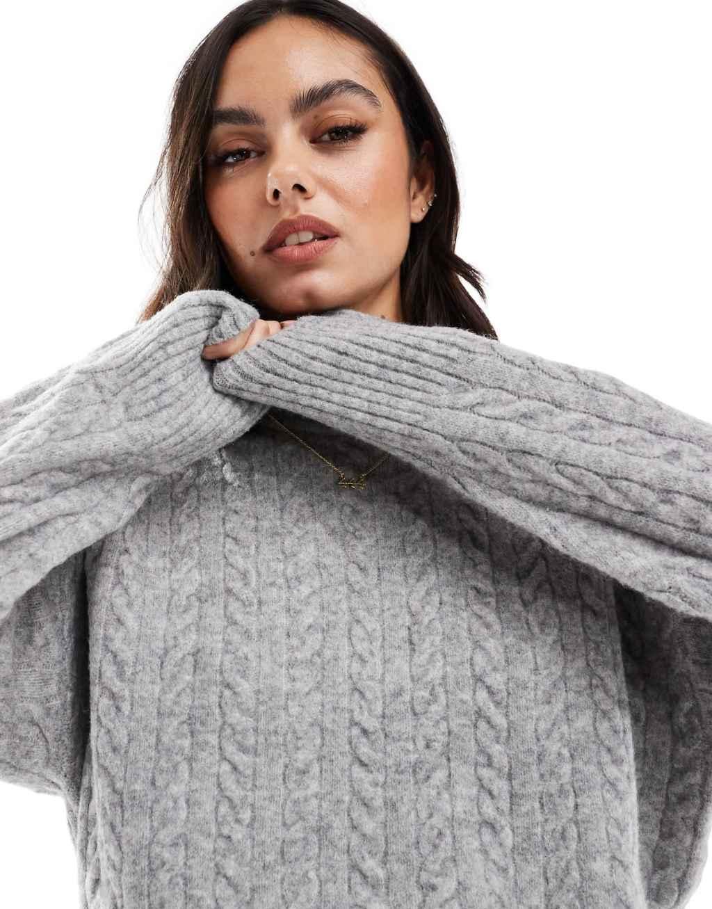 Bershka high neck oversized cable knit sweater in gray Product Image