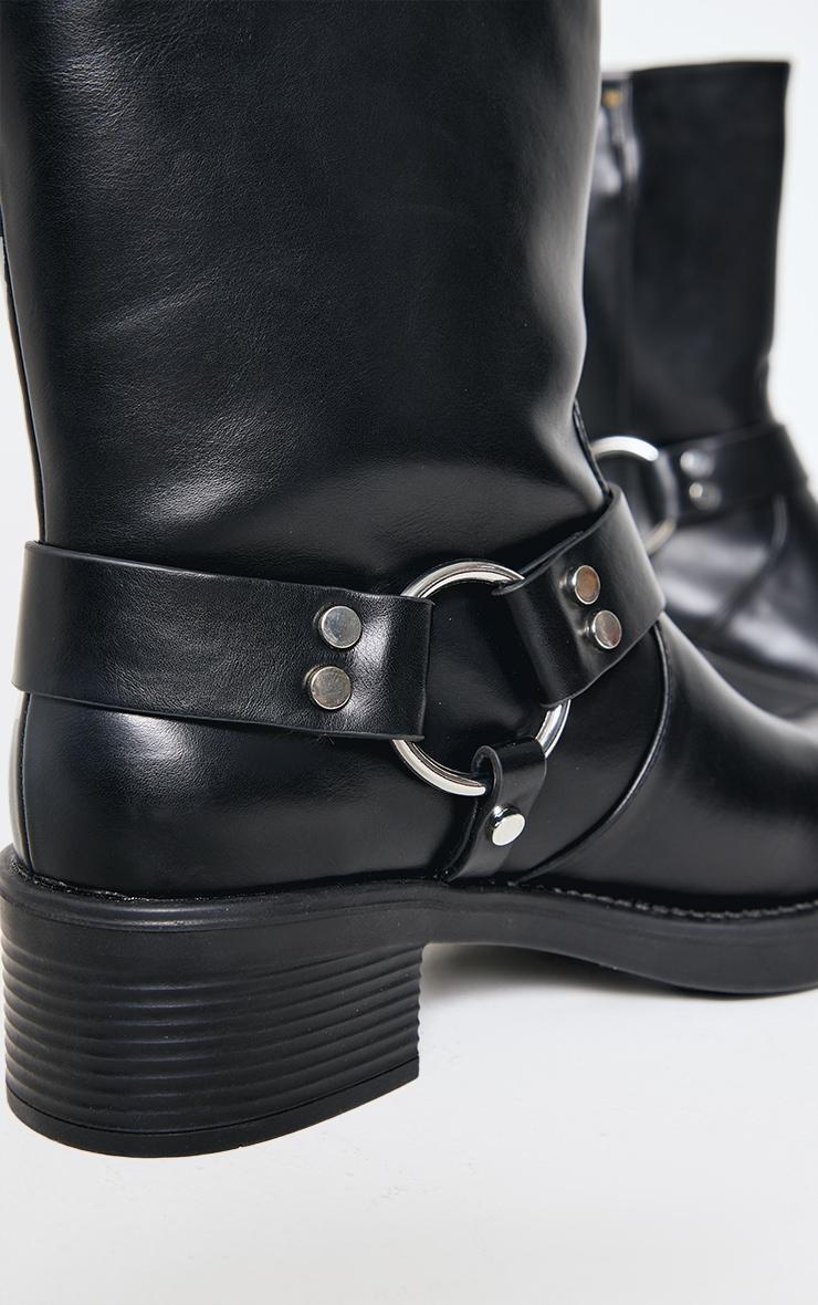 Black PU Round Toe Buckle Harness Detail Ankle Boots Product Image