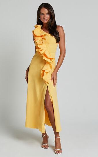 Rita Midi Dress - One Shoulder Ruffle Detail Dress in Yellow Product Image