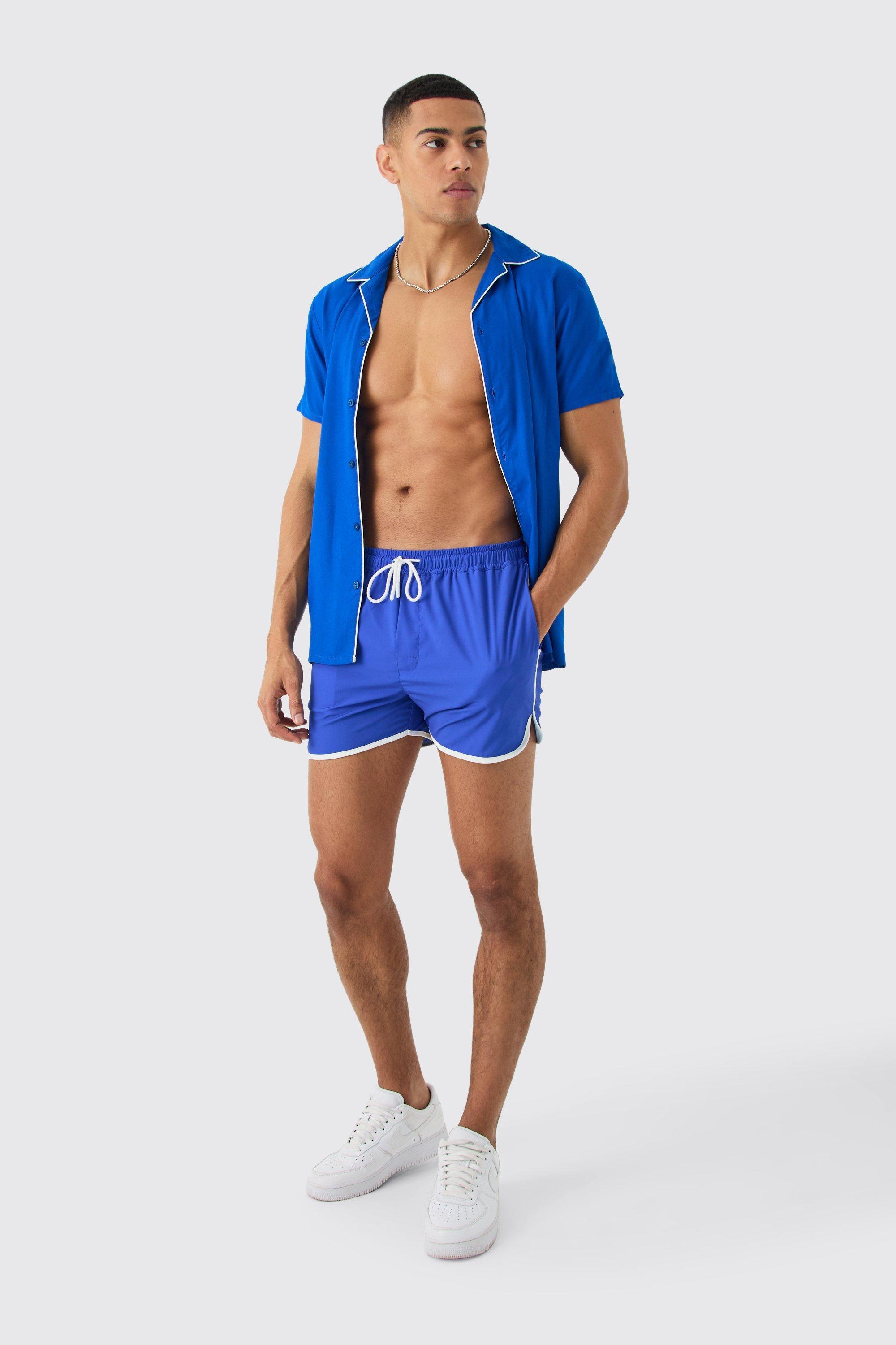 Short Sleeve Plain Piping Shirt & Swim Set | boohooMAN USA Product Image