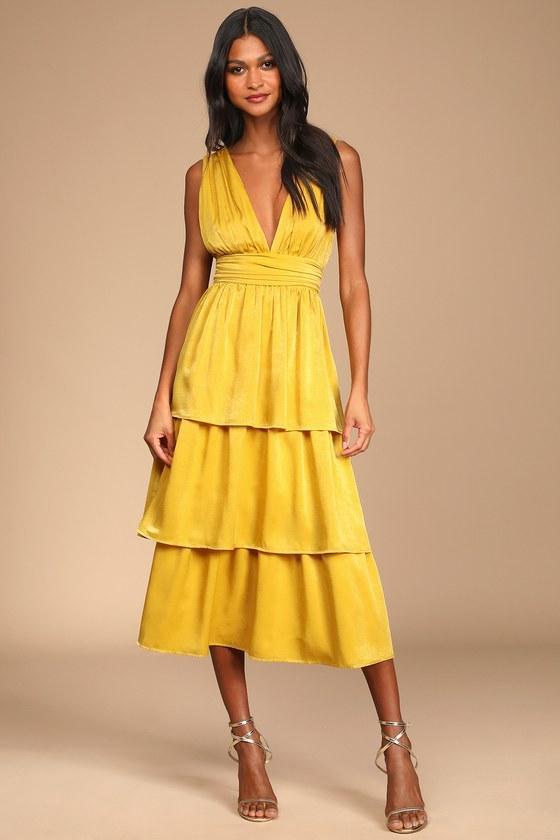 Peak Party Vibe Mustard Yellow Satin Tiered Tie-Back Midi Dress Product Image