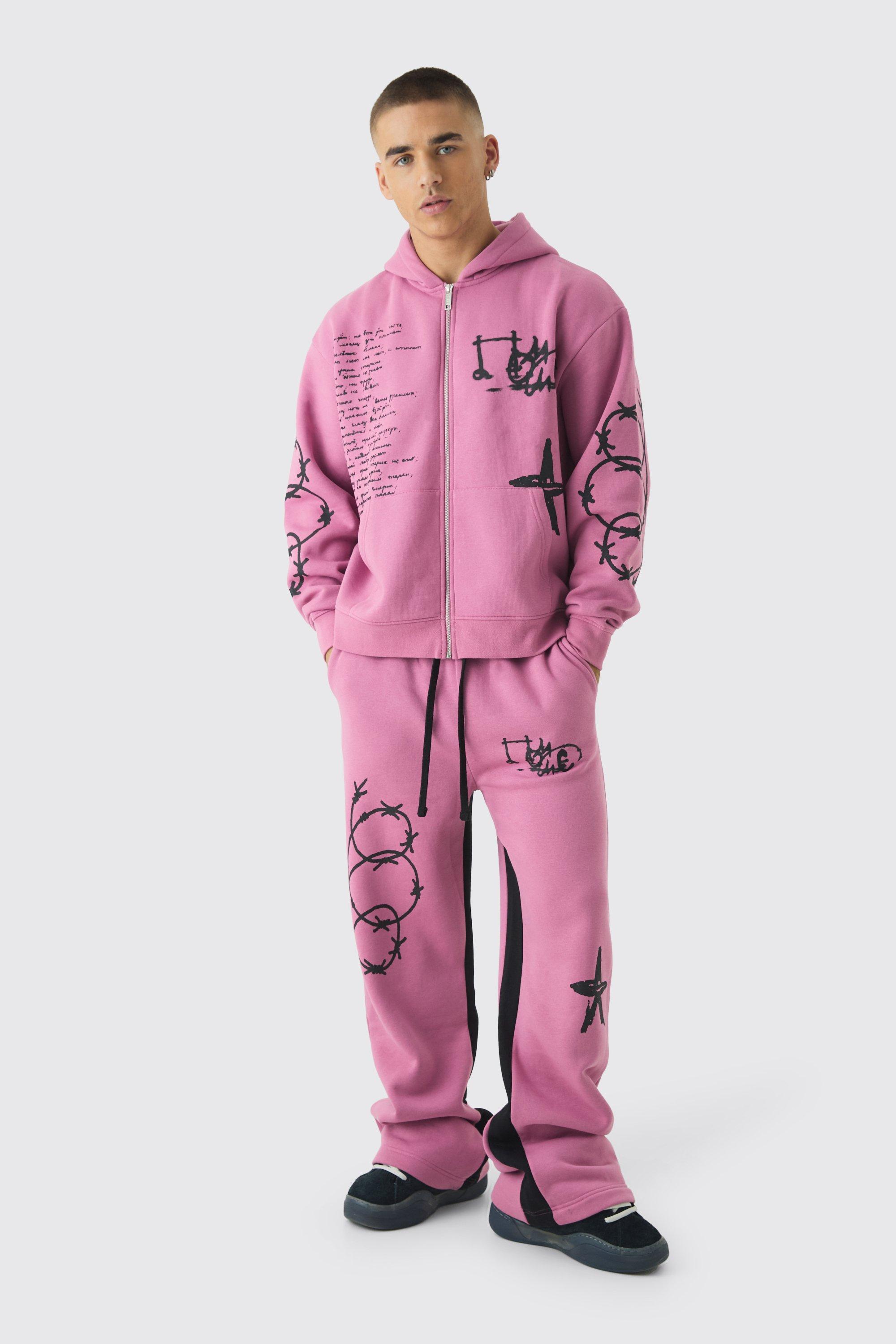 Oversized Multi Placement Graffiti Zip Through Gusset Hooded Tracksuit | boohooMAN USA Product Image