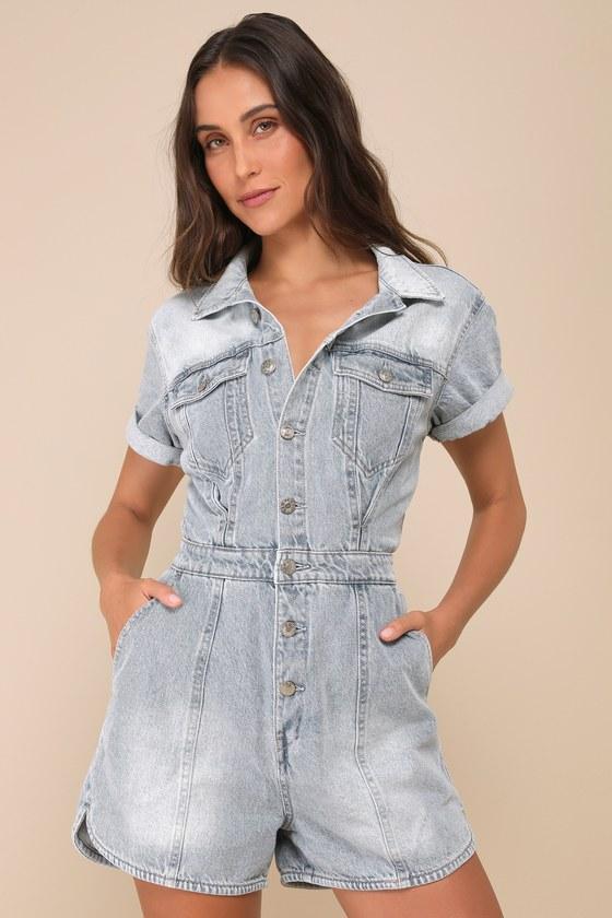 Topanga Light Wash Denim Short Sleeve Collared Romper Product Image