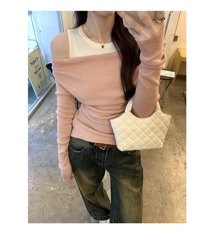 Long Sleeve Cold Shoulder Mock Two Piece Knit Top Product Image