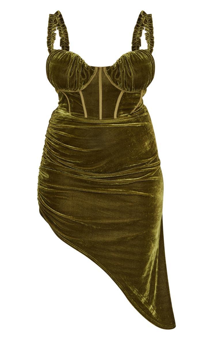 Plus Olive Velvet Ruffle Strap Corset Detail Midi Dress Product Image