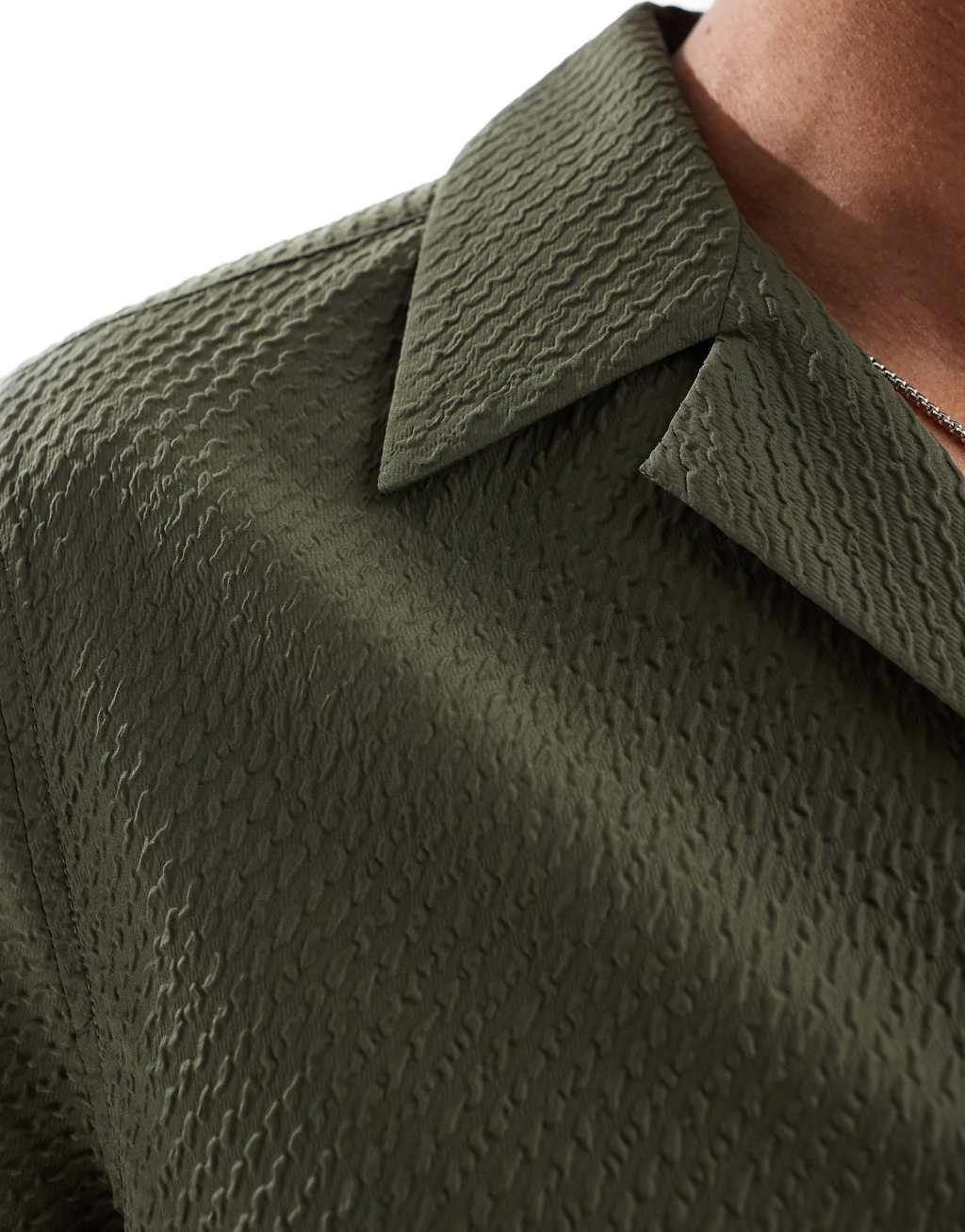 ASOS DESIGN relaxed textured shirt with revere collar in khaki  Product Image