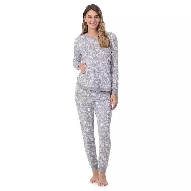 Womens Cuddl Duds Sweater Knit Crewneck Pajama Top & Jogger Pajama Bottoms Set Grey Grey Dogs Product Image