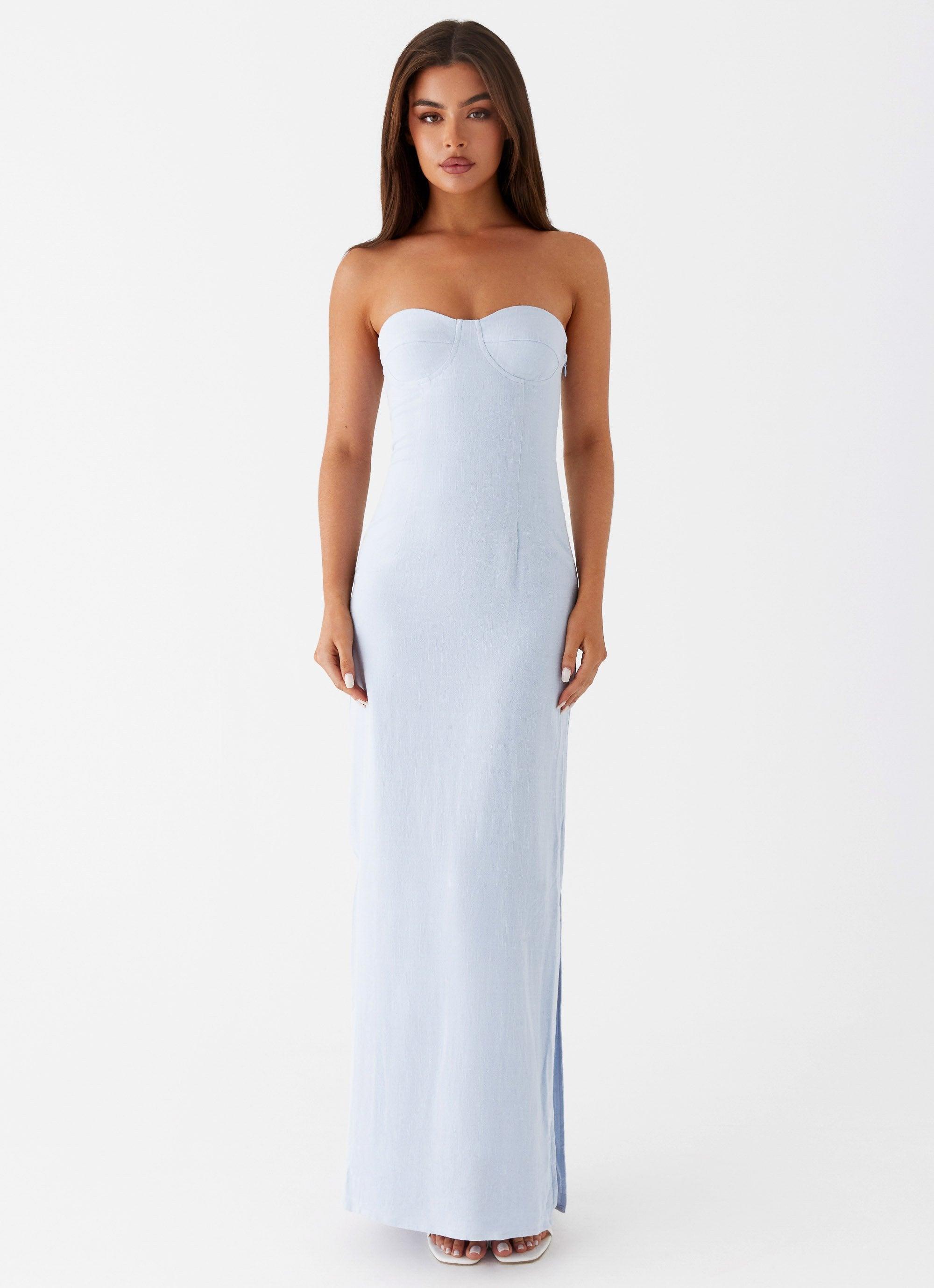 Esra Linen Strapless Maxi Dress - Blue Product Image