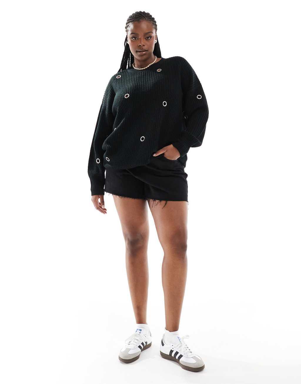 Yours eyelet sweater in black Product Image