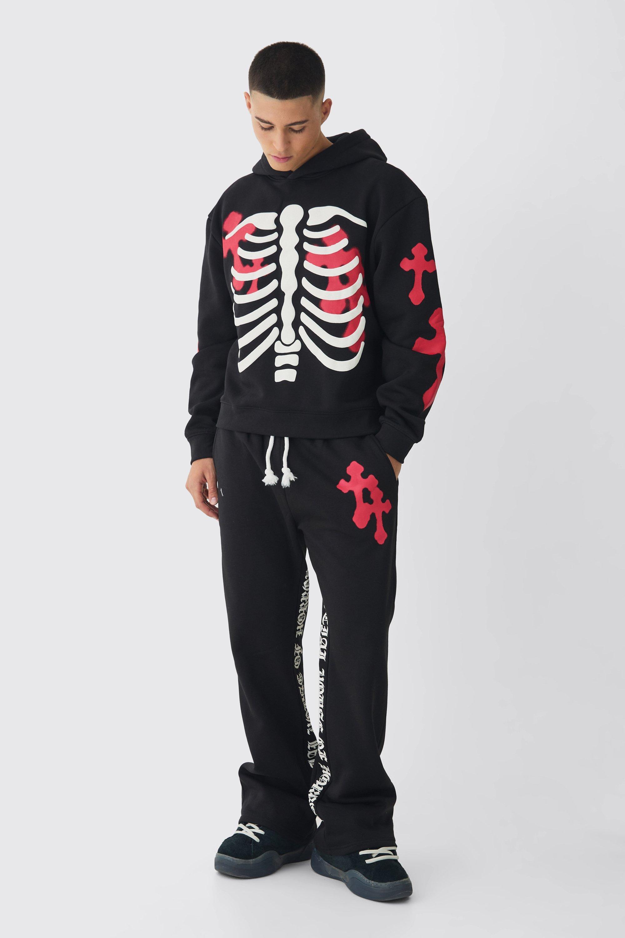 Oversized Boxy Skeleton Puff Print Cross Tracksuit | boohooMAN USA Product Image