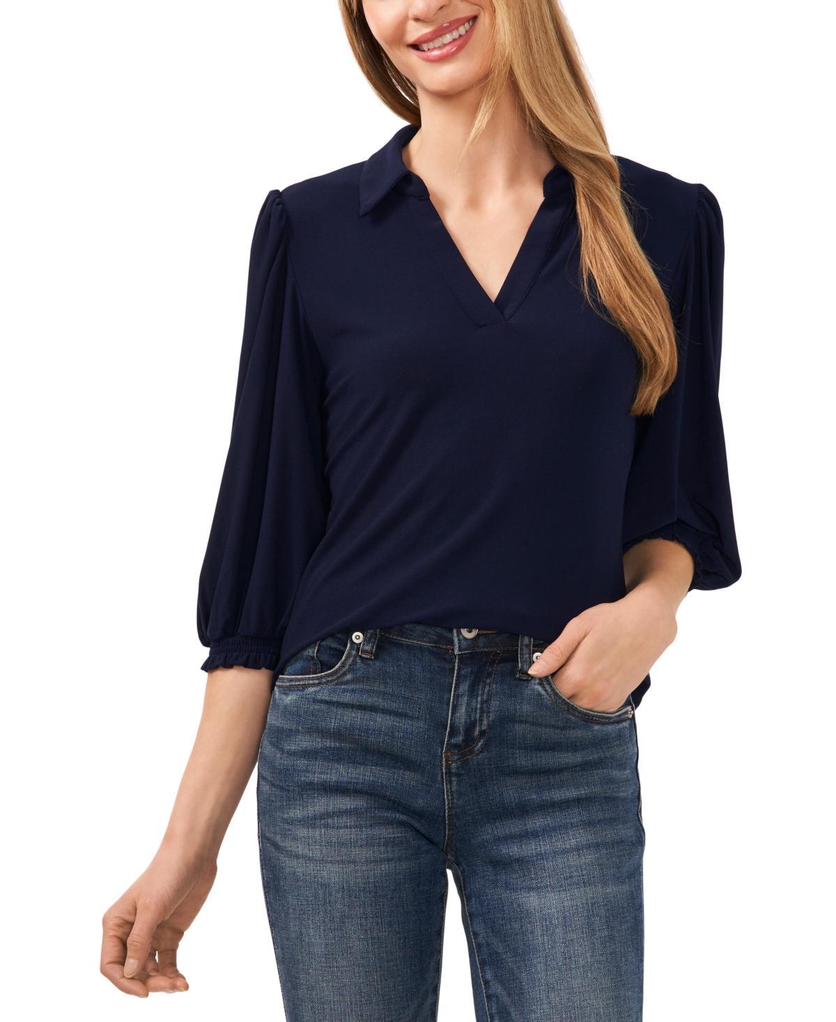 CeCe Womens Collared V-Neck Puff Shoulder 3/4-Sleeve Top Product Image