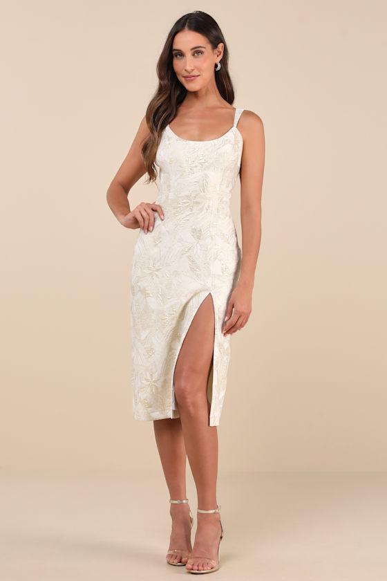 Immaculate Chicness Ivory Floral Brocade Midi Dress Product Image