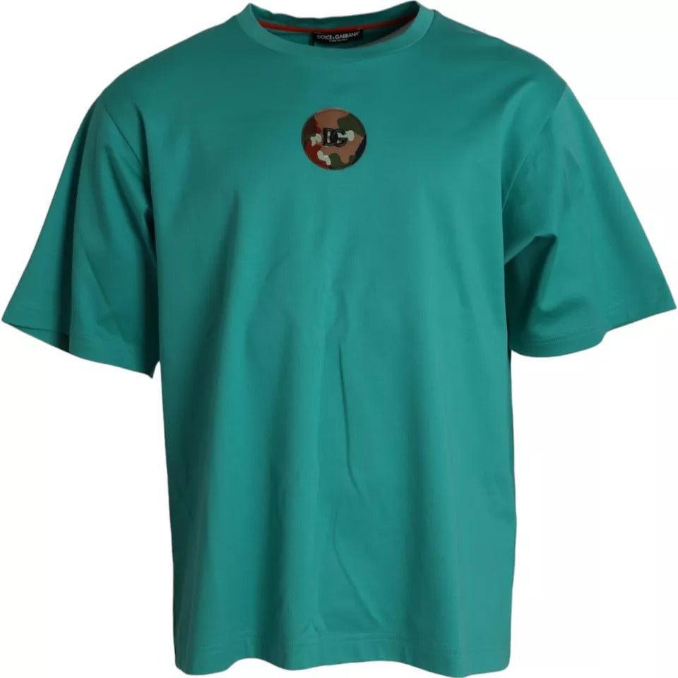 Green Logo Patch Round Neck Cotton  T-shirt In Blue Product Image