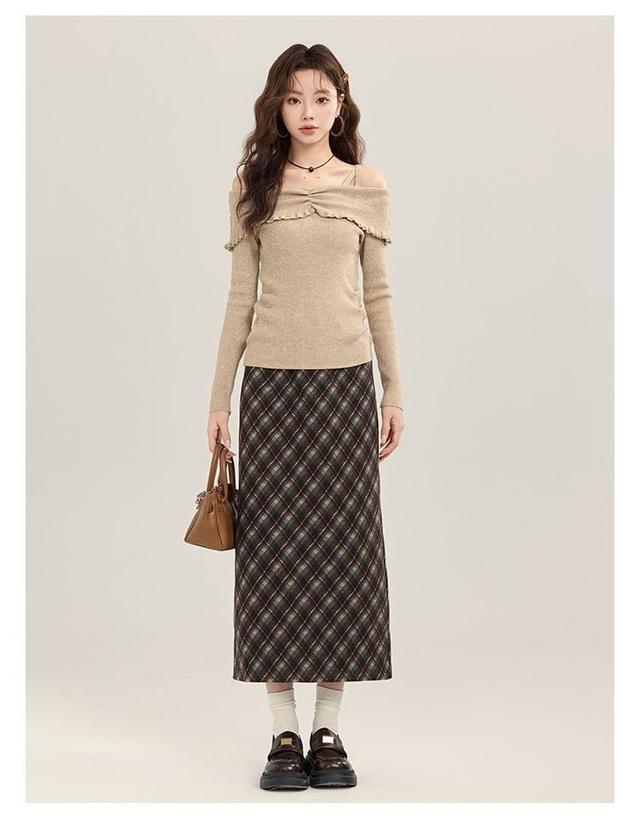 Long-Sleeve Cold Shoulder Plain Knit Top / High Rise Plaid Midi Skirt Product Image