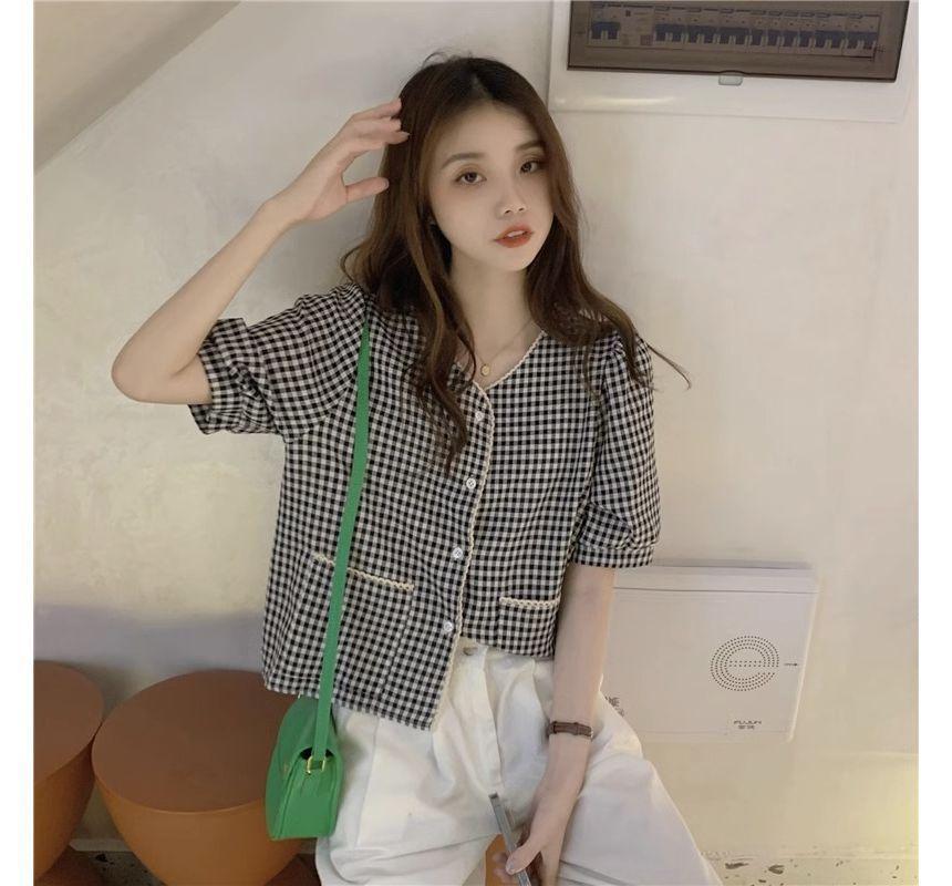 Short-Sleeve V-Neck Gingham Lace Trim Blouse Product Image