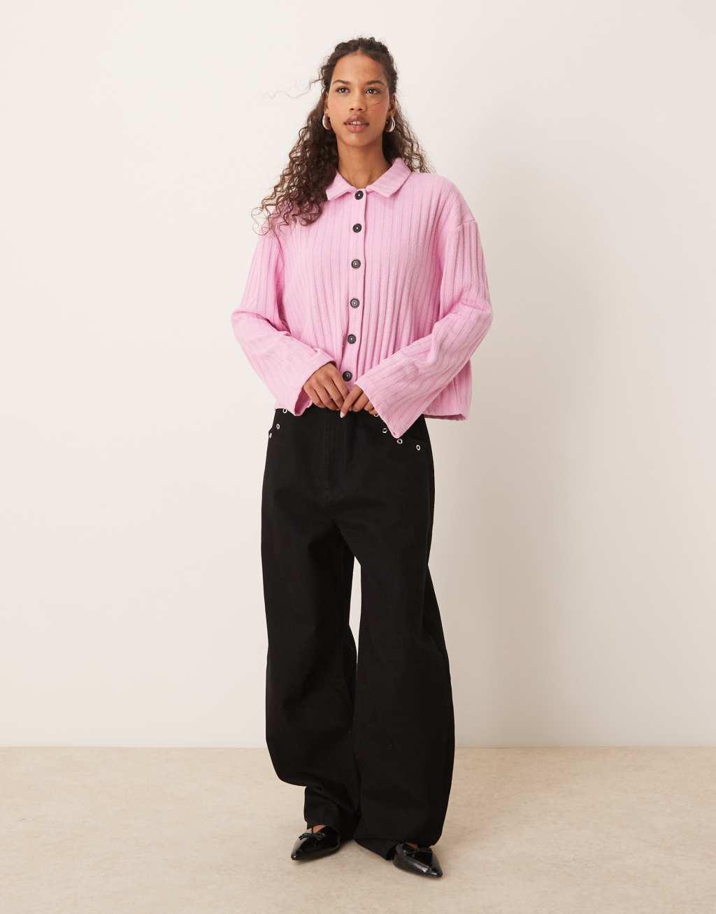 ASOS DESIGN long sleeve ribbed cardigan in pink Product Image