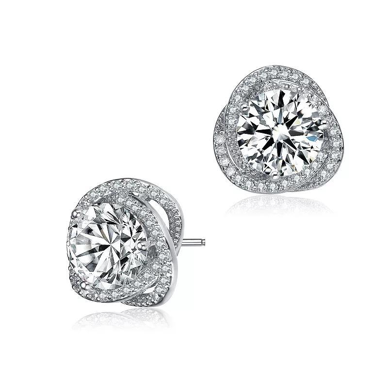 Sterling Silver Round Cubic Zirconia Swirl Halo Stud Earrings, Womens Product Image