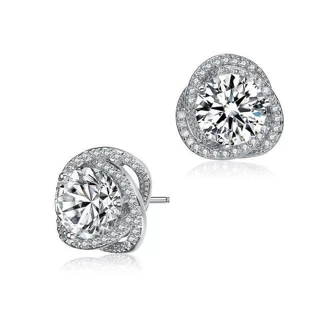 Sterling Silver Round Cubic Zirconia Swirl Halo Stud Earrings, Womens Product Image