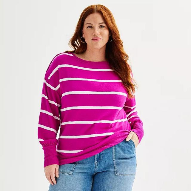 Plus Size Sonoma Goods For Life Cozy Boatneck Striped Pullover Sweater, Womens Blue Snow Stripe Product Image