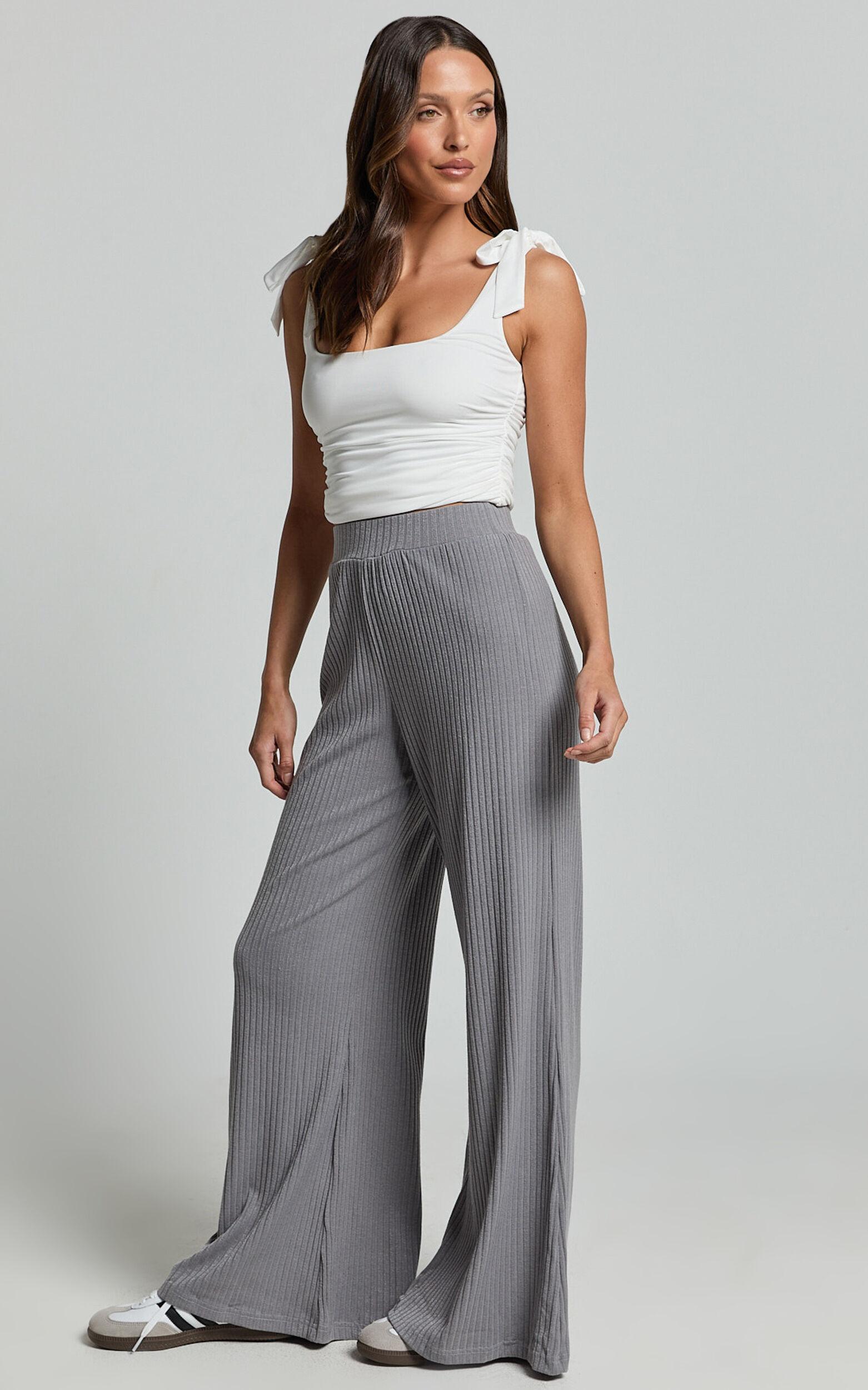 Adriana Pants - Ribbed High Waist Wide Leg Pants in Slate Grey Product Image